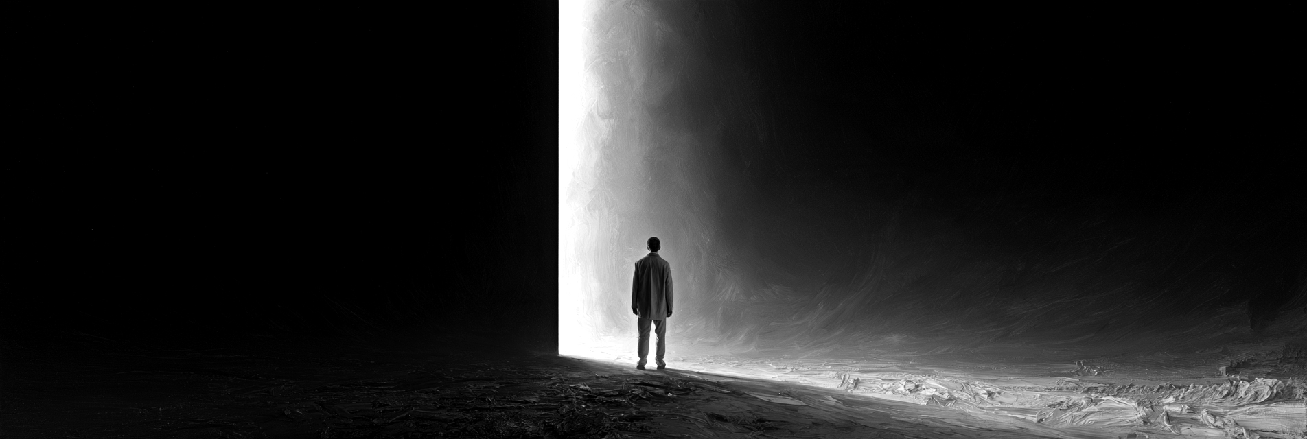 A lone figure stands before a tall opening of light in a dark landscape
