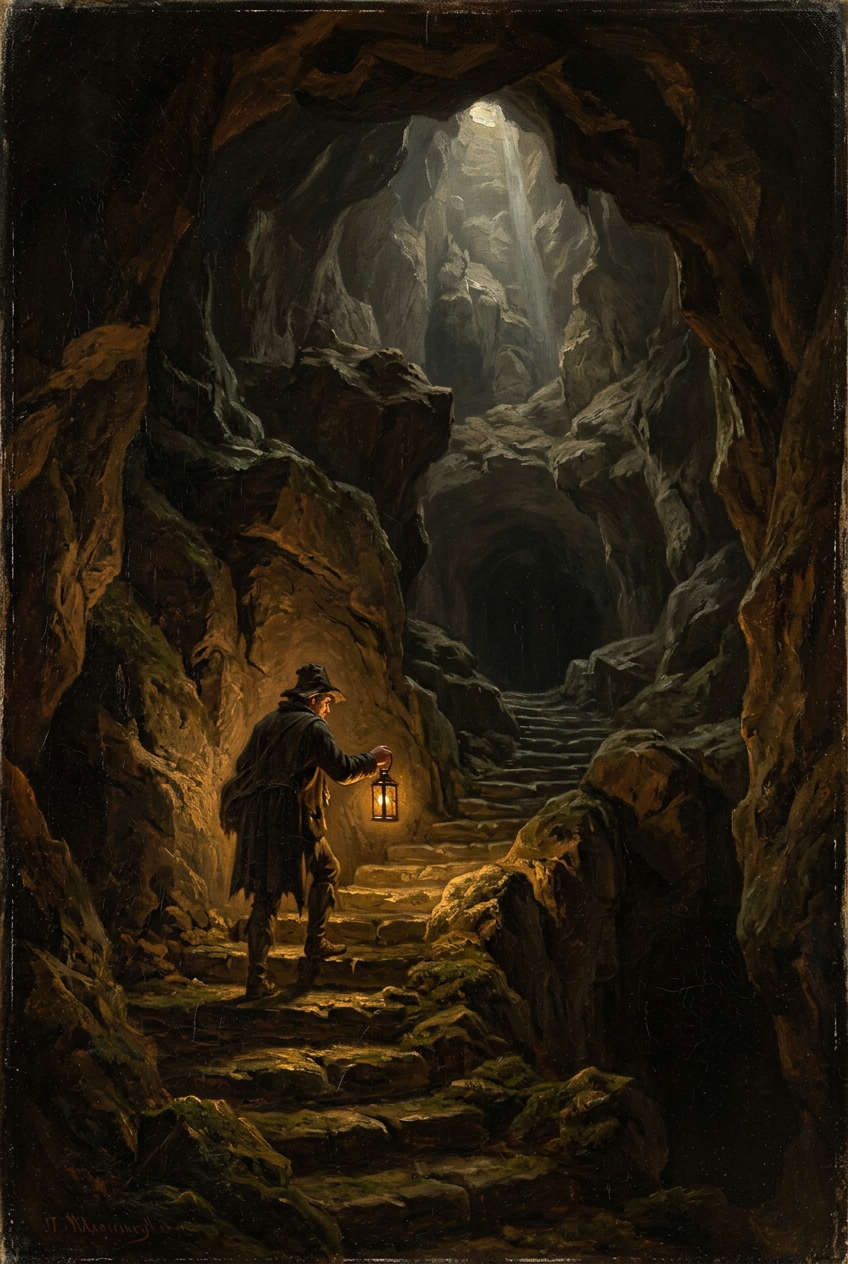 Oil painting of a traveler with a lantern descending stone steps into a cavern