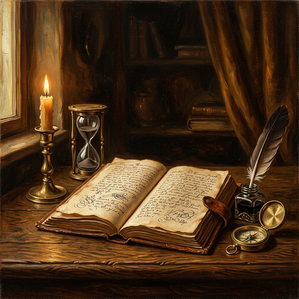 Still-life painting of an open leather journal, quill and candle on a dark desk