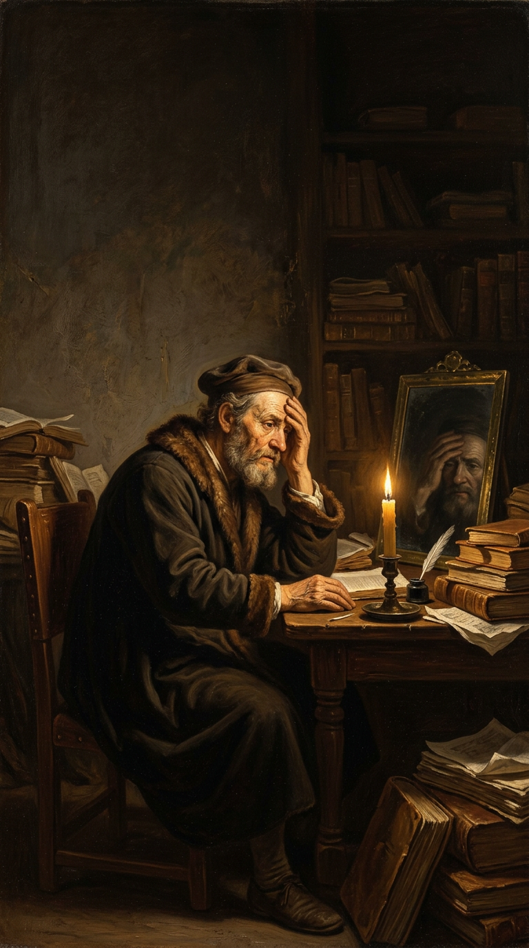 Oil painting of a man at a candlelit desk, staring at his reflection in a dark mirror